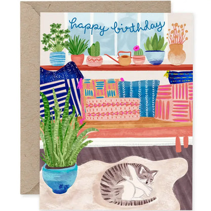 Sleeping Cat with Plants and Pillows Birthday Card