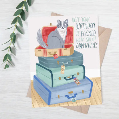 Cat with Vintage Suitcases Birthday Adventures Card