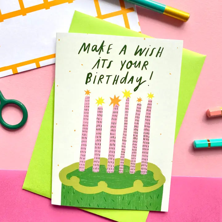 Make a Wish Green Cake Birthday Greeting Cards