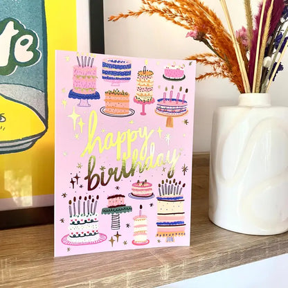 Happy Birthday Cake Pattern Gold Greetings Card