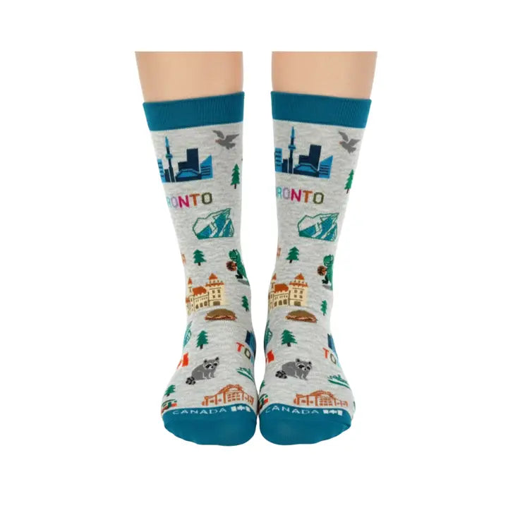 Toronto Canada Crew Socks with City Skyline Landmarks and Travel Icons