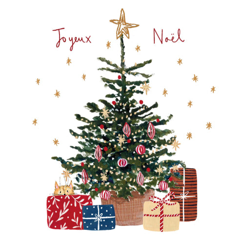 French Cat Under Tree Joyeux Noel Card