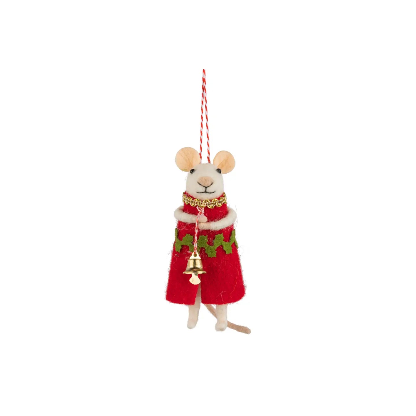 F84 - Felt Mouse with Red Wool Coat Holding Bell Ornament