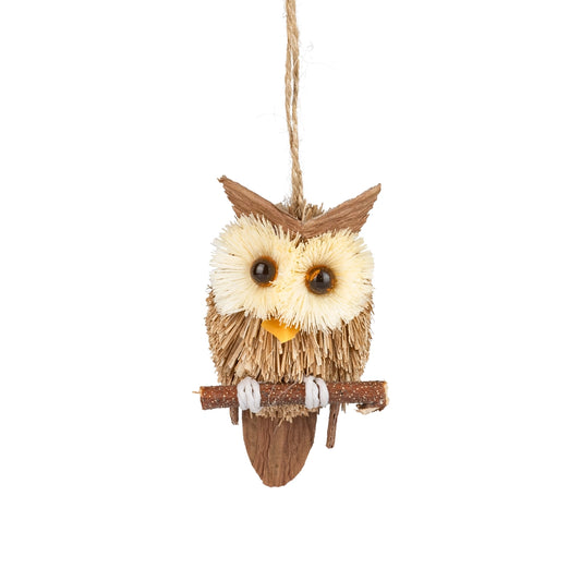 Bristle Owl, Natural Head, Brown Body Sitting On A Branch, Ornament