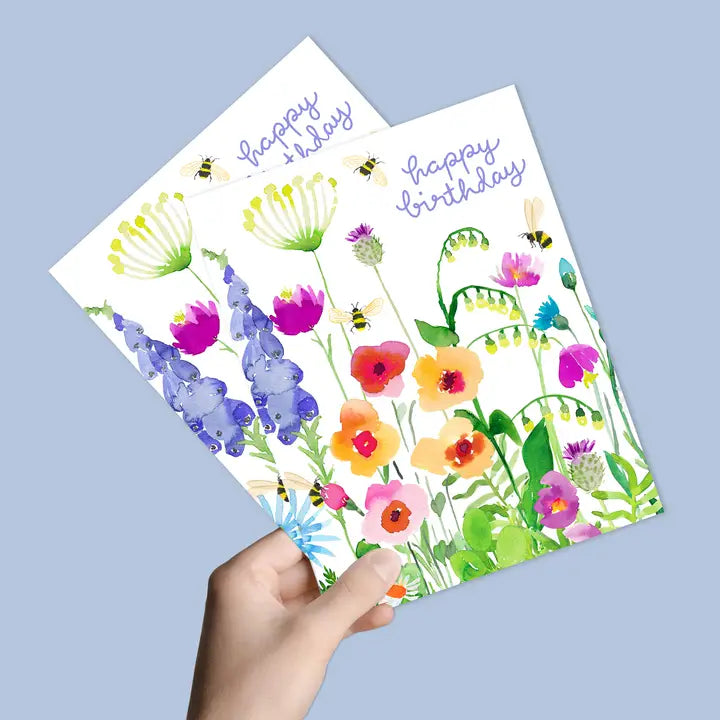 Bumblebee Garden Watercolor Birthday Card