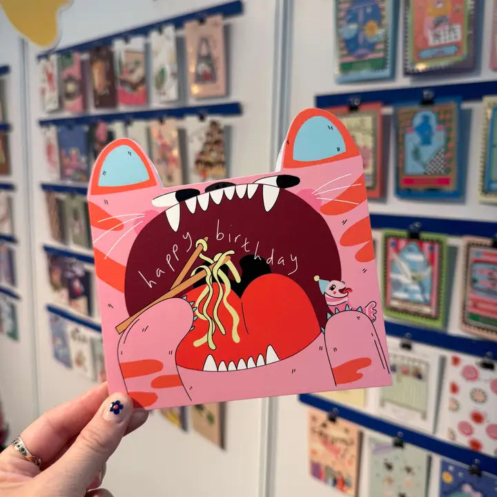 Tiger Eats Noodles Die Cut Greeting Card