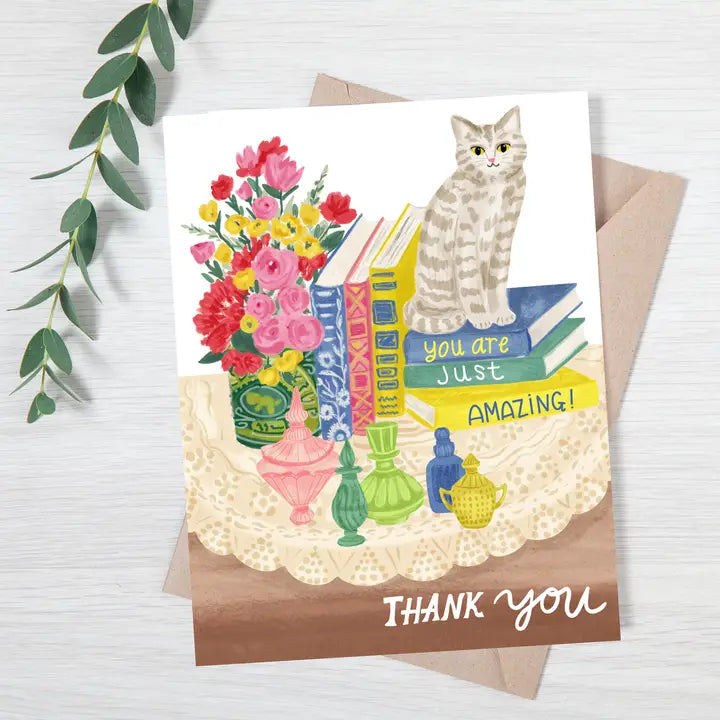 Cat with Vintage Books and Bottles Thank You Card