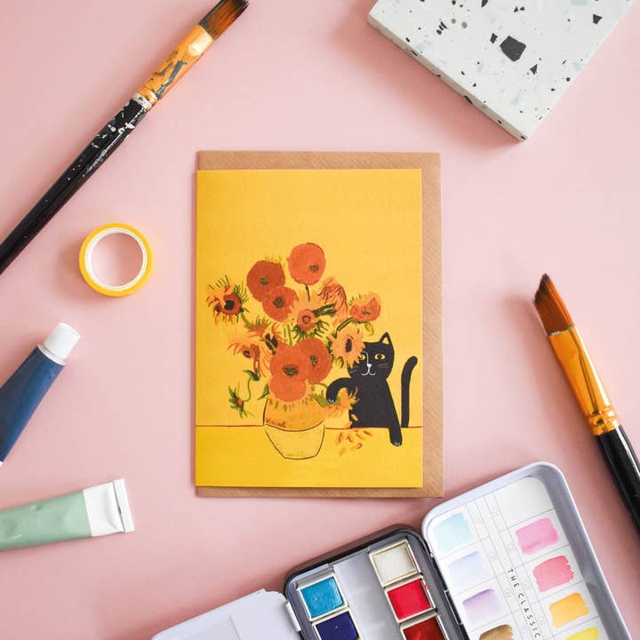 Vincat Sunflower Vase Cat Card