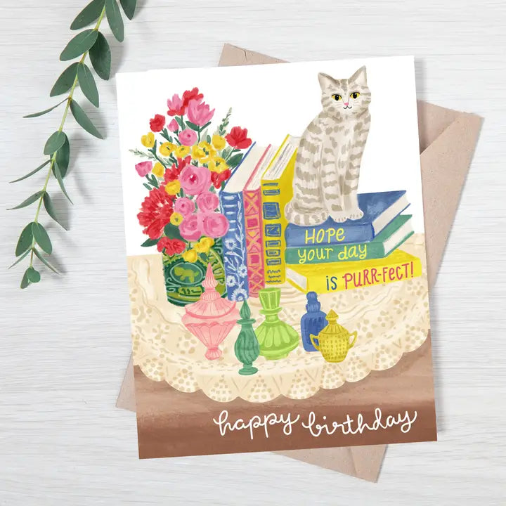 Cat with Vintage Books and Bottles Birthday Card