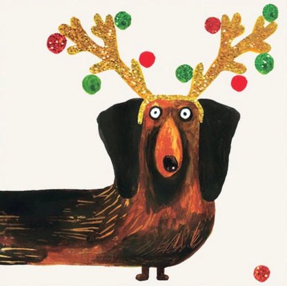 Wiener Dog Glitter Antlers Christmas Card
