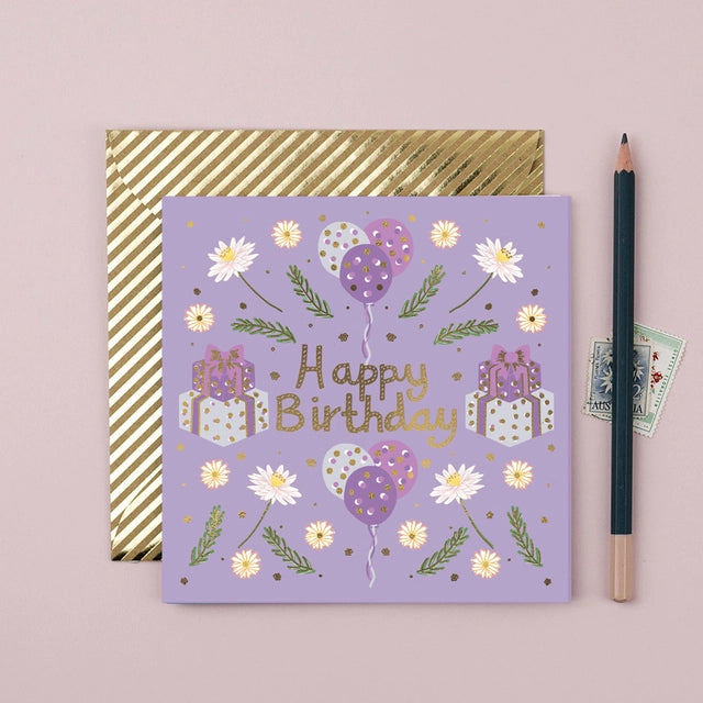 Gold Foiled Lillies and Presents Birthday Card