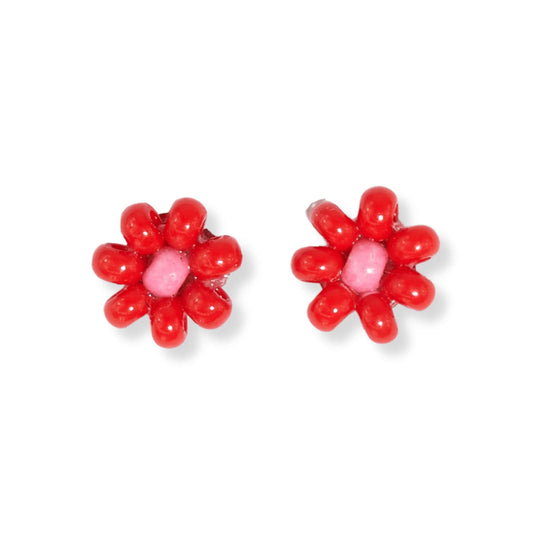 Tina Two Color Beaded Post Earrings Tomato Red