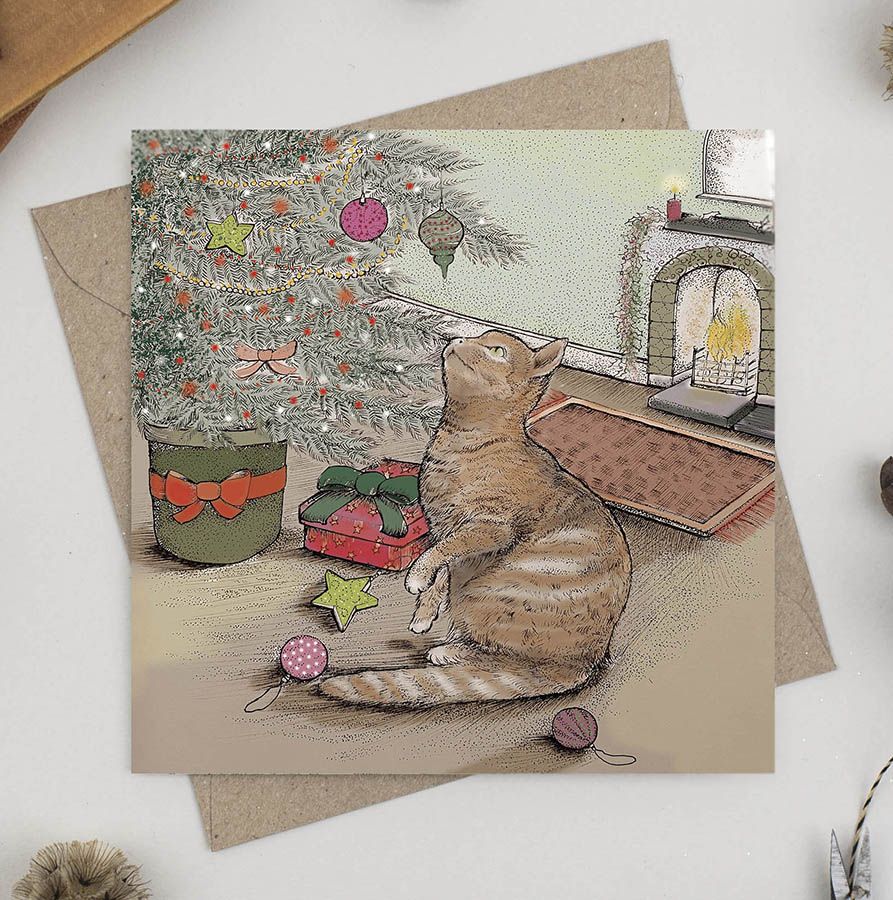 Cat and Xmas Tree Card