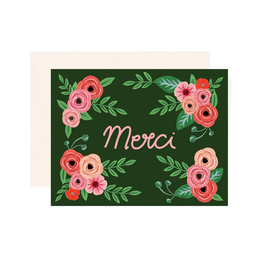 Merci Dark Green Floral Greeting Card