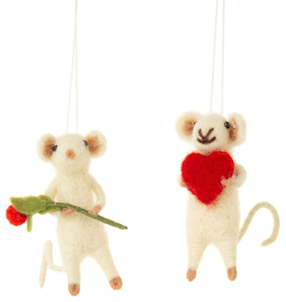 Mini Felt Mice Holding Heart or Flower Ornament