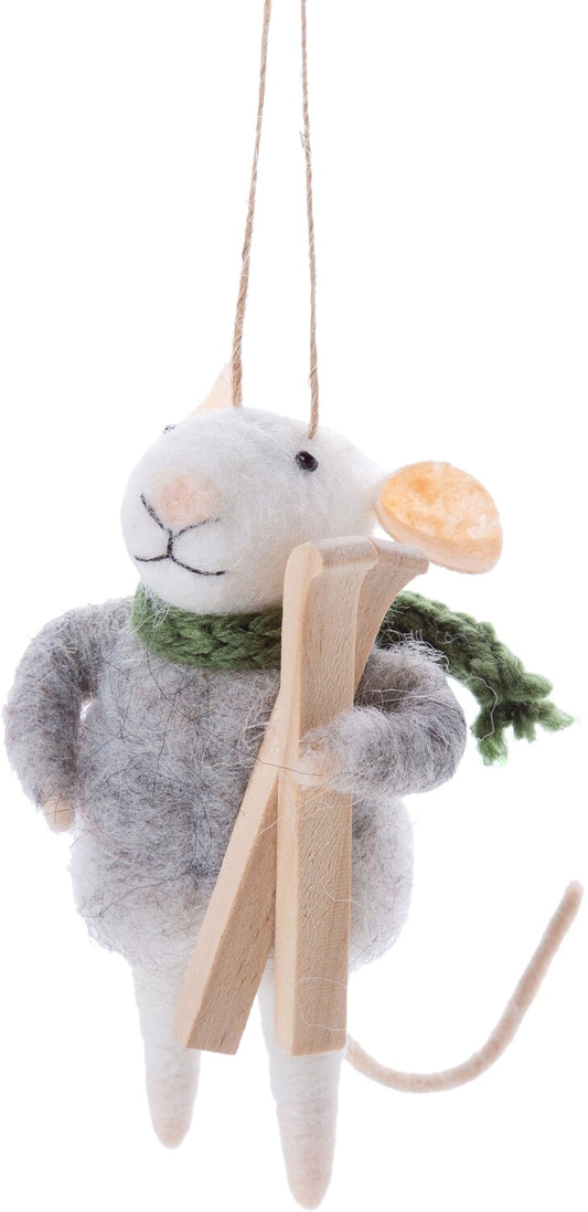 F4 - Felt Mouse Carrying Skis Knit Hat Ornament