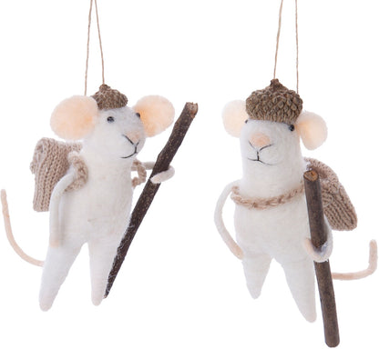 F30 - Felt Mice With Walking Sticks Ornament