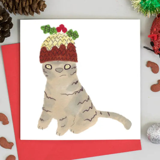 Cat in a figgy pudding hat festive Christmas Card