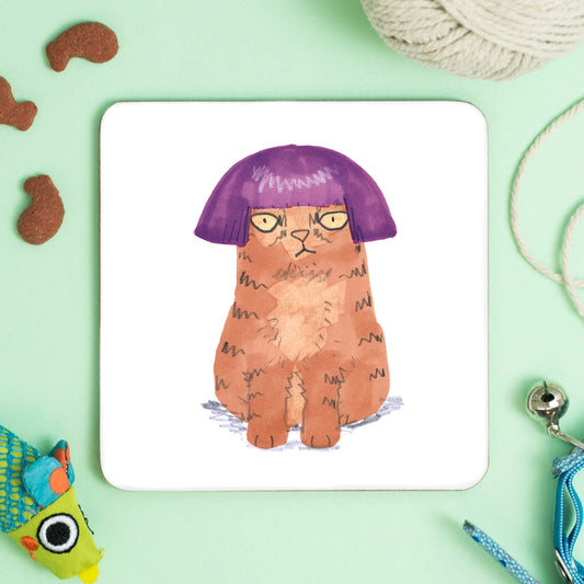 Cat in Purple Wig Coaster