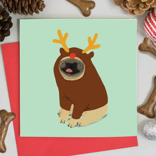 Pug Rudolph Reindeer Christmas Card