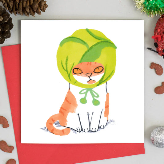 Cat In Brussel Sprout Hat Christmas Card