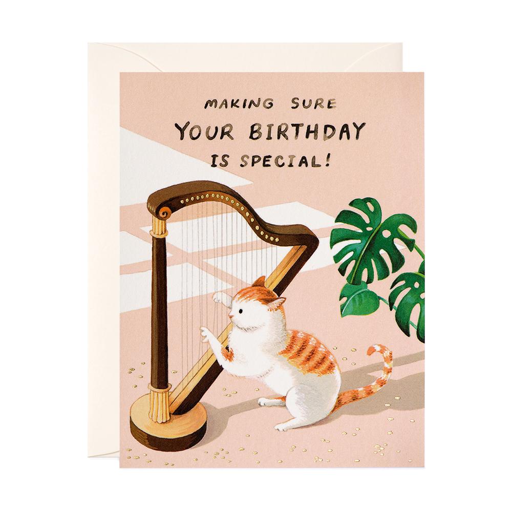Cat And Harp Birthday Card