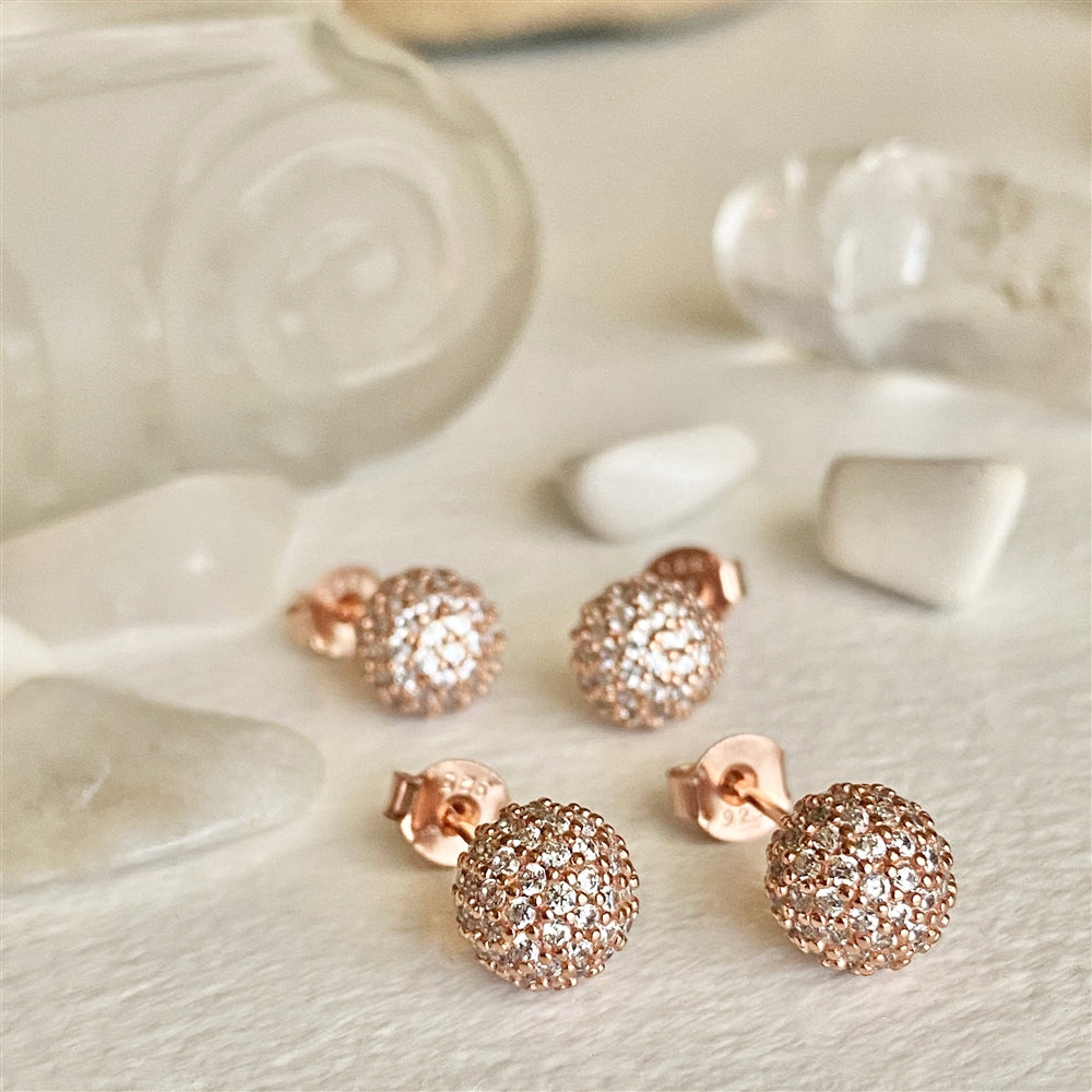 Novasphere 2.0 Clear Crystal Encrusted Rose Gold Ball Stud Earrings