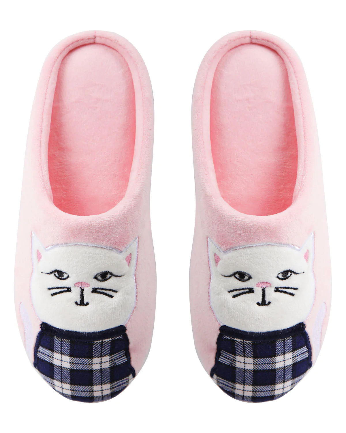 Plaid Cat Plush Slipper, Pink, S