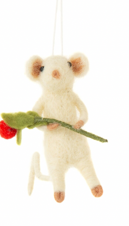 Mini Felt Mice Holding Heart or Flower Ornament
