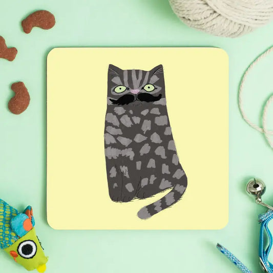Meowstachio Cat Grey Tabby Black Tash Coaster