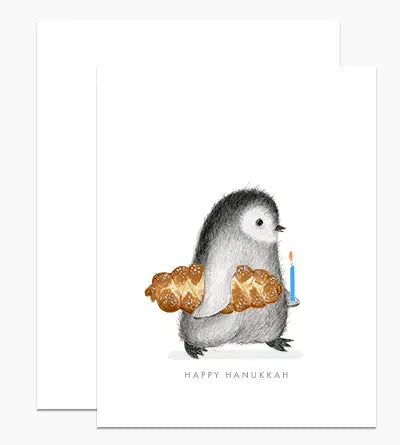 Penguin With Challah Bread Hanukkah Card