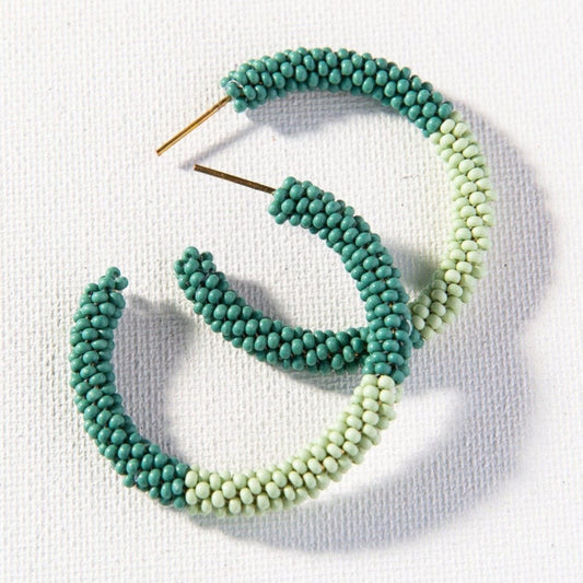Teal Mint Color Block Small Seed Bead Hoop Earrings